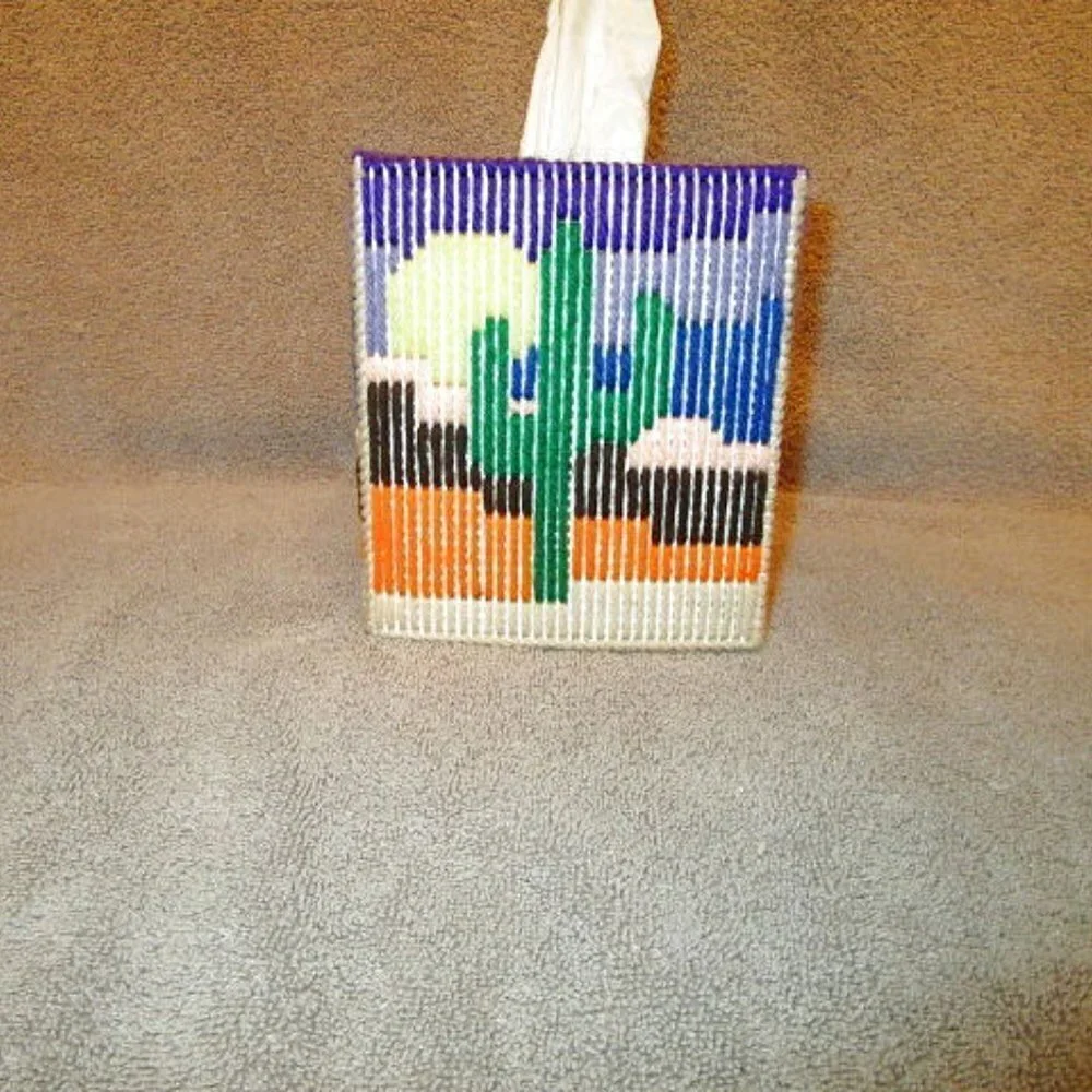 Vtg Cross Stitch Plastic Canvas Tissue Box Cover Saguaro Desert Sunrise Cactus